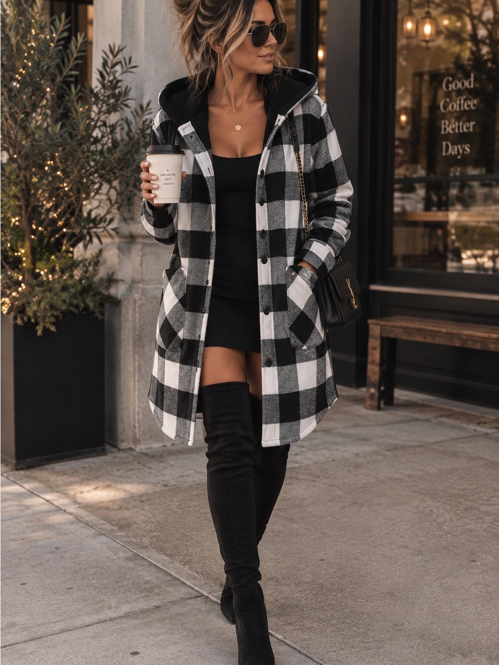 RDI Black White Buffalo Plaid Hooded Shacket Coat Sherpa Longline XS